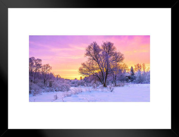 Winter Landscape Forest Trees Covered Snow Sunrise Photo Matted Framed Wall Decor Art Print 20x26