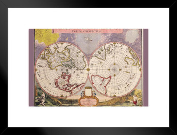 World Map Antique Vintage Azimuthal Equidistant Projection Cartographic Matted Framed Wall Decor Art Print 20x26