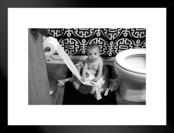 Bathroom Terror Baby Caught in the Act Playing with Toilet Paper Funny Photo Matted Framed Wall Decor Art Print 20x26