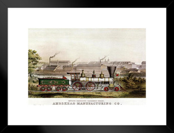 Amoskeag Manufacturing Manchester NH Train Locomotive Vintage Travel Matted Framed Wall Decor Art Print 20x26