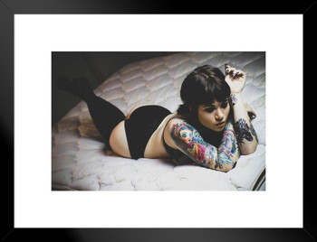 Sexy Tattoo Model On Bed Hot Lingerie Panties Matted Framed Wall Decor Art Print 20x26