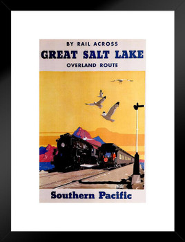 Great Salt Lake Southern Pacific Overland Route Train Railroad Vintage Illustration Travel Matted Framed Wall Decor Art Print 20x26
