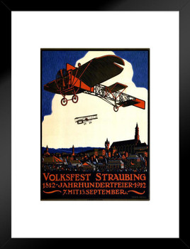German Volksfest Straubing 1912 Airplane Biplane Vintage Illustration Travel Matted Framed Wall Decor Art Print 20x26