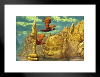 Lake Temple Red Dragon Flying Over Lake Ruins by Ciruelo Fantasy Painting Gustavo Cabral Matted Framed Wall Decor Art Print 20x26