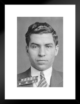Lucky Luciano Mug Shot Old School Gangster Famous Mugshot Mafia Mobster Portrait Godfather Mob Boss Vintage Black and White Pictures Matted Framed Wall Decor Art Print 20x26
