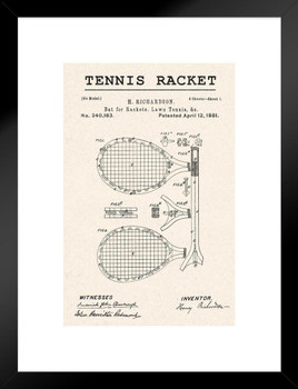 Tennis Racket Patent Racquet Retro Vintage Style Rustic Tennis Player Gift Sports Fan Man Cave Office Wall Art Living Room Decor Matted Framed Wall Decor Art Print 20x26
