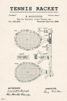 Laminated Tennis Racket Patent Racquet Retro Vintage Style Rustic Tennis Player Gift Sports Fan Man Cave Office Wall Art Living Room Decor Poster Dry Erase Sign 12x18