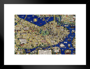 Boston Historical Illustration History Map Matted Framed Wall Decor Art Print 20x26