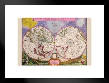 Vintage North South Pole World Map Matted Framed Wall Decor Art Print 20x26