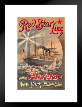 Red Star Line Ship Boat Atlantic Ocean Crossing Statue Liberty New York City Philadelphia Vintage Travel Ad Advertisement Matted Framed Wall Decor Art Print 20x26