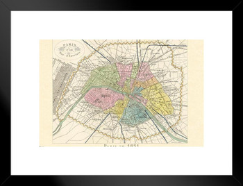 Paris France 1851 French Map City Streets Districts Tourist Tourism Vintage Travel Ad Advertisement Matted Framed Wall Decor Art Print 26x20