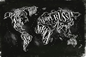 Laminated World Map Countries Word Chalk Board Travel World Map with Names in Detail Map Posters for Wall Map Art Wall Decor Geographical Illustration Travel Destinations Poster Dry Erase Sign 12x18