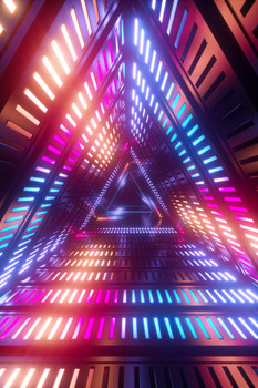 Laminated 3d render neon lights triangle tunnel abstract geometric background Poster Dry Erase Sign 12x18