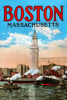Laminated Boston Massachusetts Custom House Downtown City Skyline Boats Ships Vintage Travel Ad Advertisement Poster Dry Erase Sign 12x18