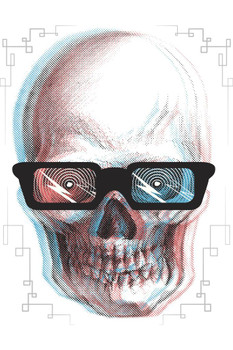 Laminated Human Skull Wearing Retro 3D Blue Red Sunglasses Retro Design Poster Dry Erase Sign 16x24