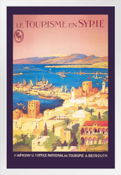 Beirut Lebanon Beyrouth Middle East Mediterranean Sea Coast Vintage Travel Ad Advertisement White Wood Framed Poster 14x20