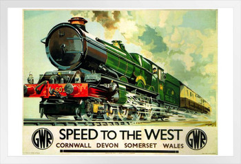 England Speed To the West Cornwall Devon Somerset Wales Railway Train Vintage Illustration Travel White Wood Framed Poster 14x20