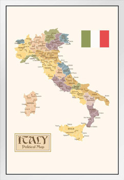 Political Map Of Italy Regions Provinces States Flag Vintage Style White Wood Framed Poster 14x20