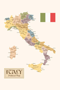 Laminated Political Map Of Italy Regions Provinces States Flag Vintage Style Poster Dry Erase Sign 12x18