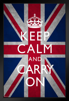 Keep Calm and Carry On Union Jack Flag World War II Propaganda Motivational Inspirational Positive Morale British Decorations WW2 Teamwork Quote Inspire Support Black Wood Framed Art Poster 14x20