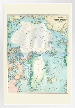 North Polar Regions 19th Century Antique Style Map Travel World Map with Cities in Detail Map Posters for Wall Map Art Geographical Illustration Travel White Wood Framed Poster 14x20