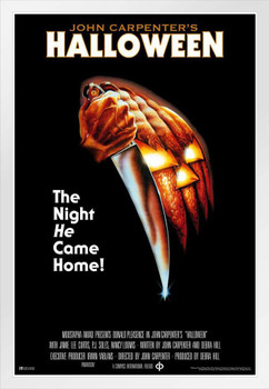Halloween John Carpenter's Halloween Movie Poster Retro Halloween Decorations Horror Movie Merchandise Wall Art Michael Myers Knife Retro Gothic Movie Theater White Wood Framed Poster 14x20