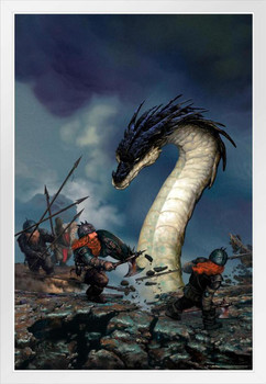 Serp Dragon Fighting Dwarves Dwarf Army by Ciruelo Fantasy Painting Gustavo Cabral White Wood Framed Poster 14x20