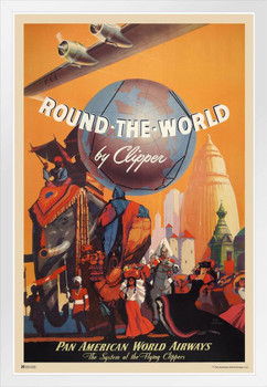 International Global Clipper Round World Earth Pan Am Logo American Vintage Travel Ad Airline Airport American Plane Flying White Wood Framed Poster 14x20