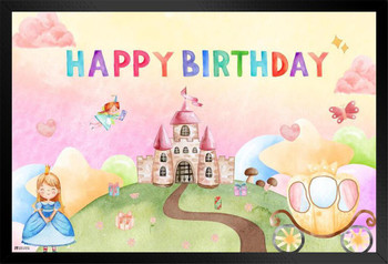 Happy Birthday Banner Princess Theme Wall Art Photo Backdrop Baby Girl Party Decorations Supplies Colorful Kids Reusable Photobooth Castle Background Gift Black Wood Framed Poster 14x20