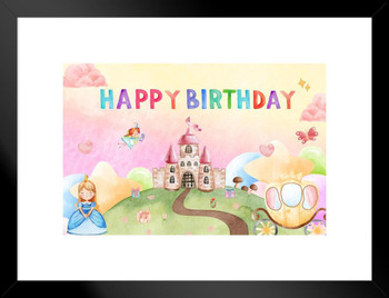 Happy Birthday Banner Princess Theme Wall Art Photo Backdrop Baby Girl Party Decorations Supplies Colorful Kids Reusable Photobooth Castle Background Gift Matted Framed Wall Decor Art Print 20x26