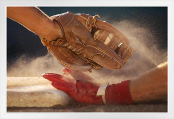 Baseball Player Sliding Into Base Being Tagged Out Close Up Photo Photograph White Wood Framed Poster 20x14