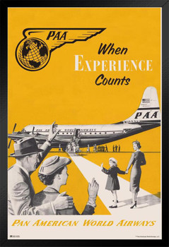 Pan Am Airplane Vintage Travel Poster Pan American Airlines Where Experience Counts Black Wood Framed Poster 14x20