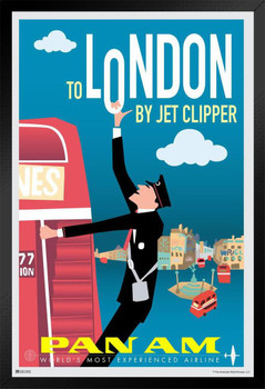 London England Red Bus Britain UK Pan Am Logo American Vintage Travel Ad Airline Airport American Plane Flying Black Wood Framed Poster 14x20