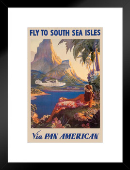 South Sea Isles Tropical Island Paradise Palm Tree Vintage Travel Pan Am Airline Airport Plane Flying Advertisement Ad Matted Framed Wall Decor Art Print 20x26