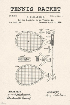 Laminated Tennis Racket Patent Racquet Retro Vintage Style Rustic Tennis Player Gift Sports Fan Man Cave Office Wall Art Living Room Decor Poster Dry Erase Sign 16x24