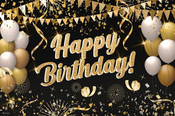 Happy Birthday Party Decorations Banner Black and Gold Glittery Balloons Photo Booth Backdrop Photography Party Supplies Decor Kids Boys Girls Men Women Cool Wall Decor Art Print Poster 16x24