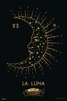 Laminated 23 La Luna Moon Loteria Card Black Gold Mexican Bingo Lottery Day Of Dead Dia Los Muertos Decorations Mexico Star Sun Sky Party Spanish Native Sign Poster Dry Erase Sign 16x24