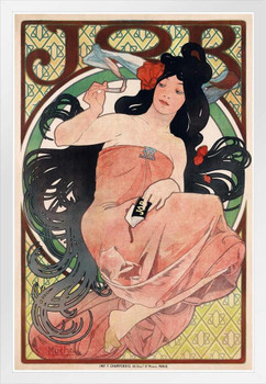 Job Cigarettes 1898 Alphonse Mucha Smoking Painting Poster Art Nouveau Vintage Ad Advertisement White Wood Framed Poster 14x20