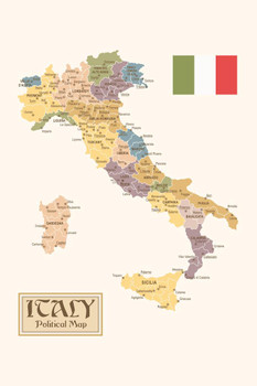 Political Map Of Italy Regions Provinces States Flag Vintage Style Cool Wall Decor Art Print Poster 16x24