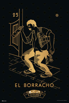 Laminated 25 El Borracho The Drunk Loteria Card Black Gold Mexican Bingo Lottery Day Of Dead Dia Los Muertos Mexico Beer Booze Tequila Drinking Party Spanish Poster Dry Erase Wall Art 24x36