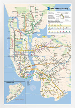 NYC Subway Map Poster New York City Official MTA 2023 2024 Edition White Wood Framed Poster 14x20