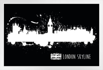 London England Paint Splat Black and White B&W Skyline White Wood Framed Poster 20x14