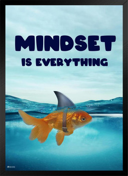 Mindset Is Everything Poster Motivational Classroom Goldfish Shark Fin Black Wood Framed Art Poster 16x22