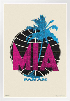 Miami MIA Airport Code Florida Sunshine State Pan Am Logo American Vintage Travel Ad Airline American Plane Flying White Wood Framed Poster 14x20