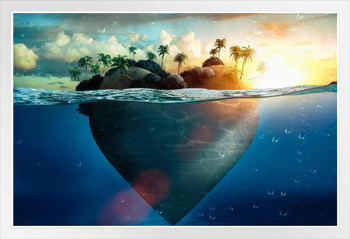 Heart Shape Island Floating in Tropical Ocean White Wood Framed Poster 20x14