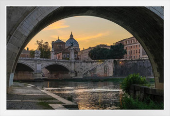 Vatican Through Arch on Tiber River at Sunset Photo Photograph White Wood Framed Poster 20x14