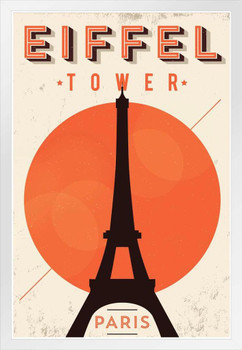 Vintage Eiffel Tower Paris France Orange Sun Minimalist Retro Travel White Wood Framed Poster 14x20