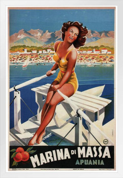 Marina di Massa Apuania Beach Italy Italian Vintage Travel White Wood Framed Poster 14x20