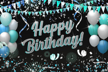 Laminated Happy Birthday Party Decorations Banner Teal Blue Silver Glittery Balloons Photo Booth Backdrop Photography Party Supplies Decor Kids Boys Girls Men Women Poster Dry Erase Sign 16x24