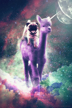 Pug Dog Riding Purple Alpaca Unicorn In Outer Space Random Galaxy Funny Cute Awesome Epic Fantasy Parody Cool Wall Decor Art Print Poster 16x24